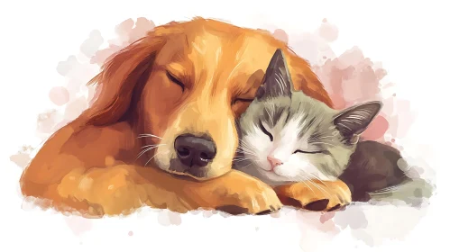 Sleeping Cat and Dog Snuggling in Pastel Illustration