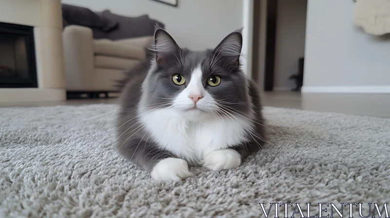 Grey and White Cat Relaxing on Carpet AI Image