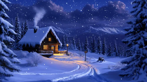 Cozy Cabin in Snowy Winter Landscape