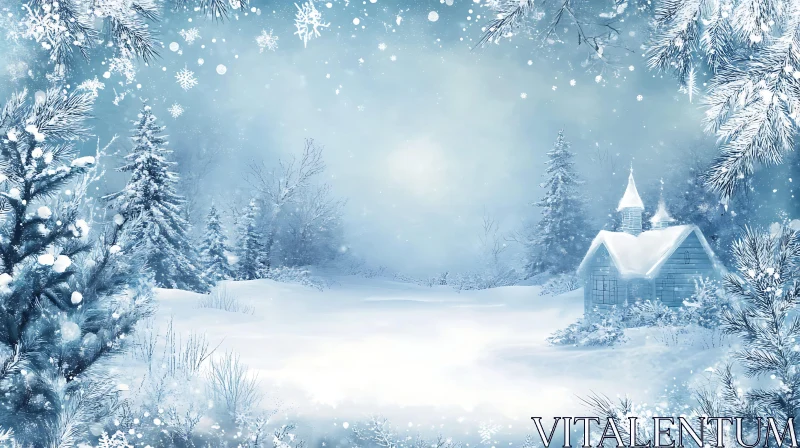 AI ART Serene Winter Landscape with Snowy Cottage