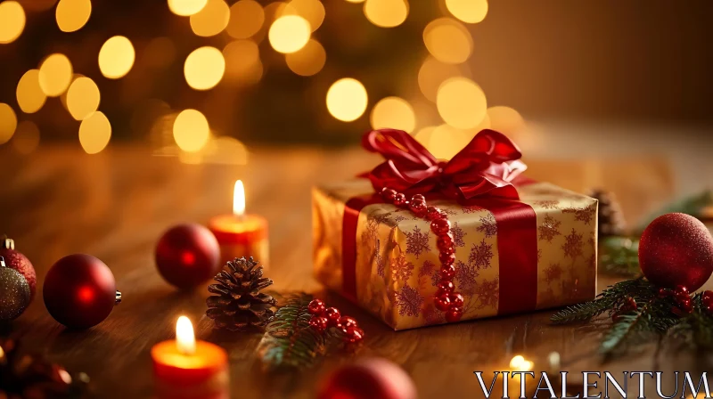 Festive Christmas Gift with Warm Bokeh Lights AI Image