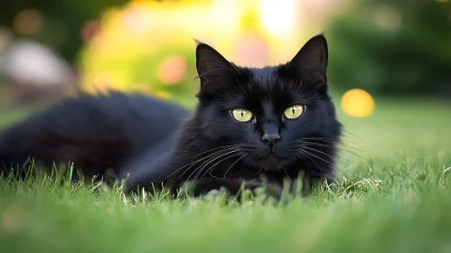 Black Cat with Green Eyes in Garden