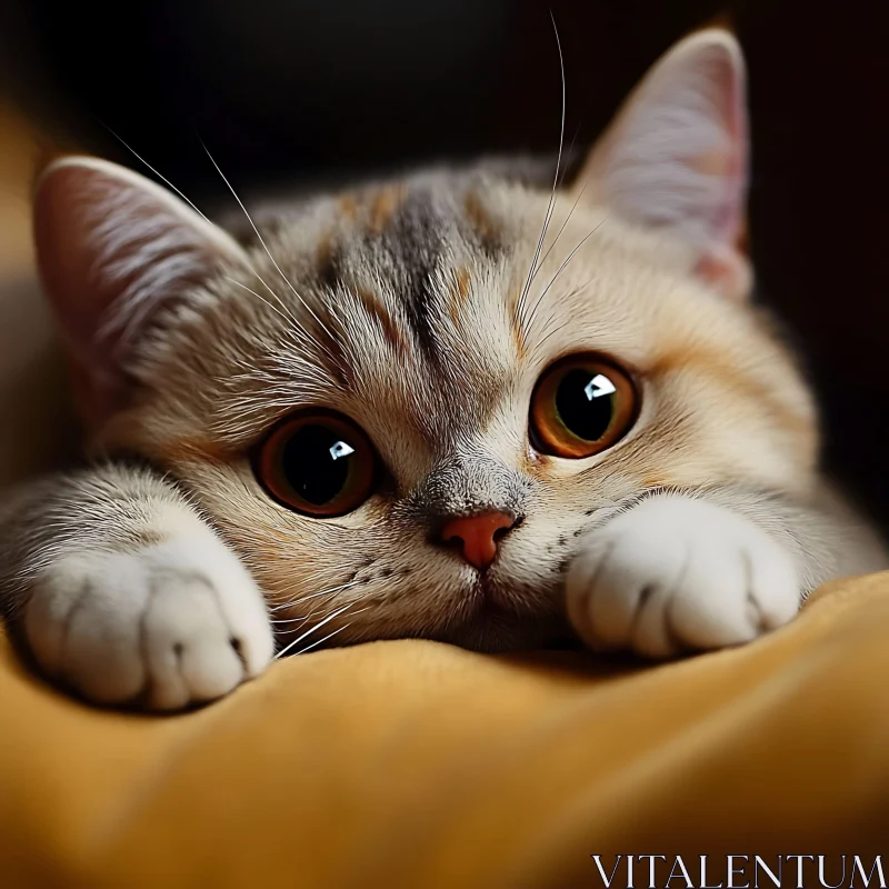 Close-Up of a Cute Kitten Resting on Cushion AI Image