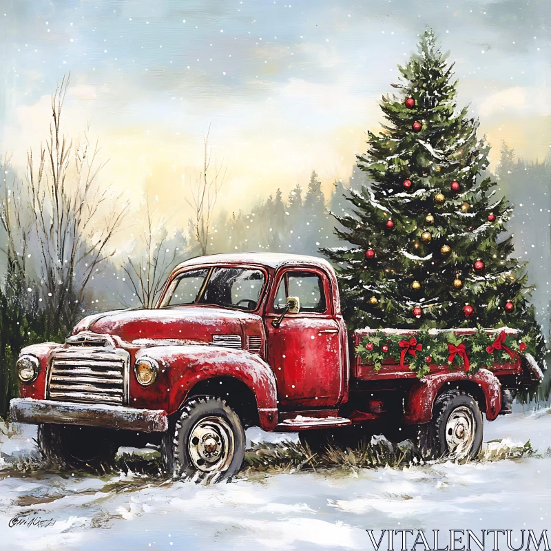 AI ART Vintage Truck with Christmas Tree in Snow