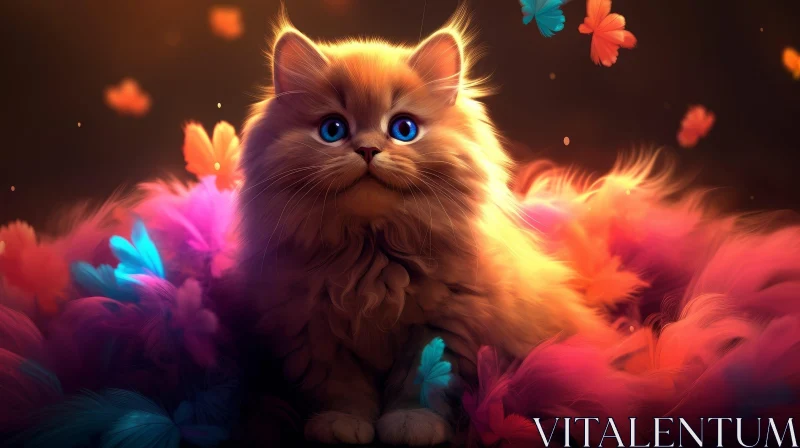 AI ART Adorable Kitten with Blue Eyes on Colorful Feathers