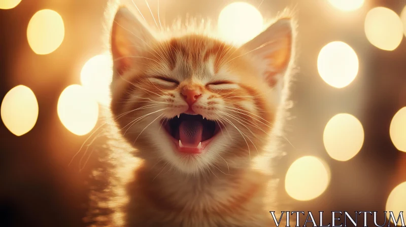 Cute Ginger Kitten with Warm Bokeh Lights AI Image