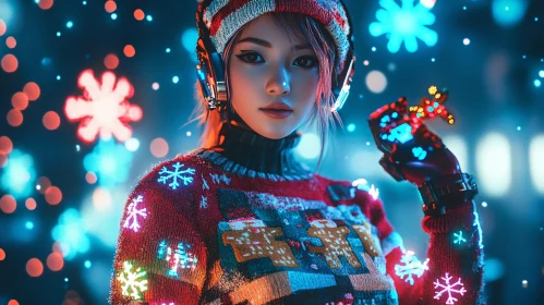 Young Woman Celebrating Christmas with Festive Lights