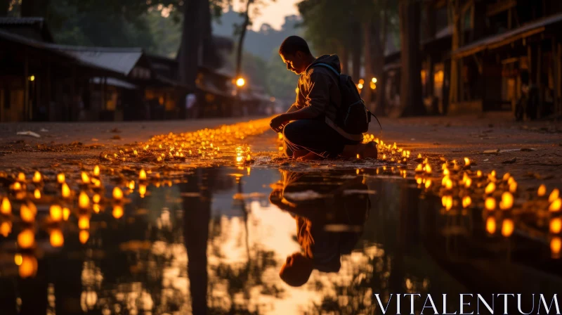 Captivating Street Decor: A Man Lighting Candles on the Street AI Image