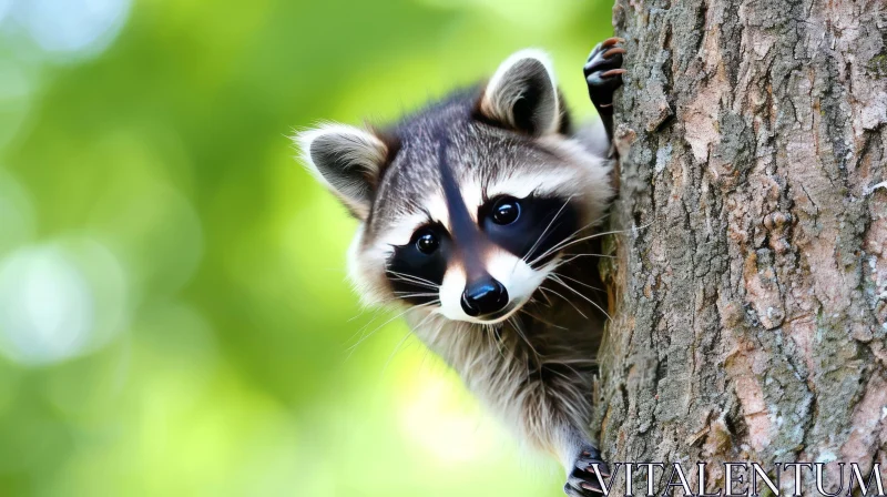 Curious Raccoon Peeking from Behind a Tree - Wildlife Photography AI Image
