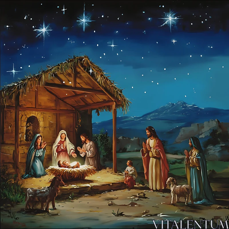 Holy Family in Manger under the Stars AI Image