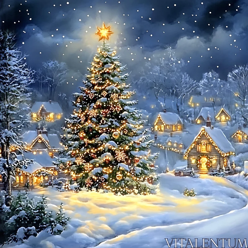 Christmas Wonderland with Illuminated Tree and Snowy Cabins AI Image