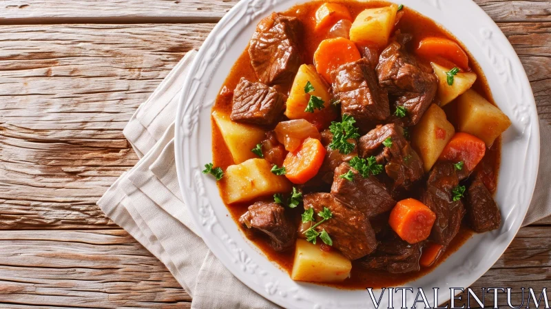 Delicious Beef Stew on Wooden Table - Artistic Food Photography AI Image