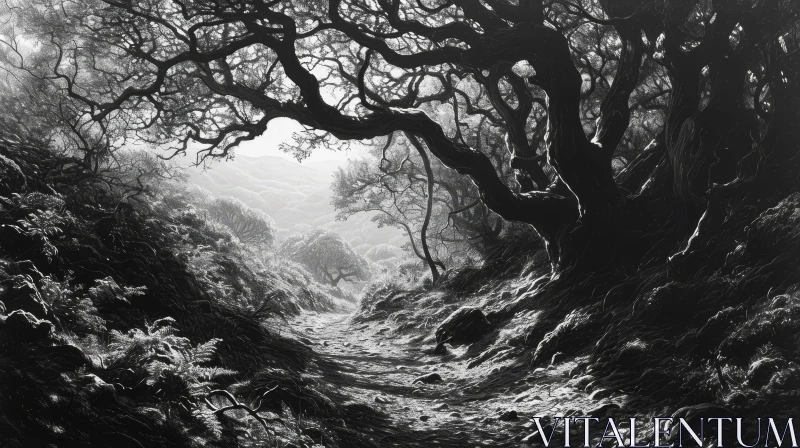 Enchanting Black and White Forest Drawing | Mysterious Nature AI Image