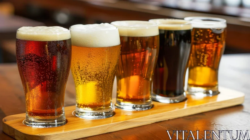 Exquisite Wooden Beer Flight with Five Different Beers AI Image