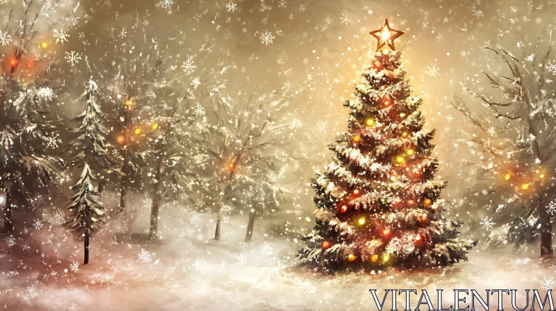 Magical Holiday Tree with Snowy Background AI Image