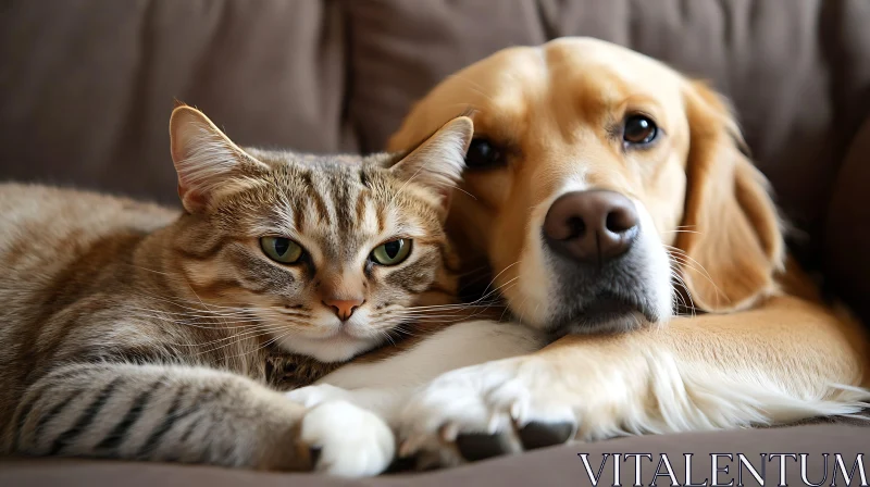 Tender Moment Between Cat and Dog on Sofa AI Image