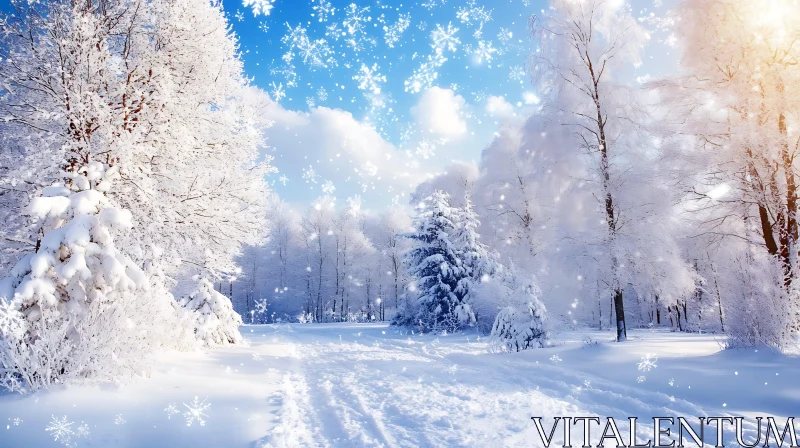 AI ART Pristine Winter Forest with Falling Snowflakes