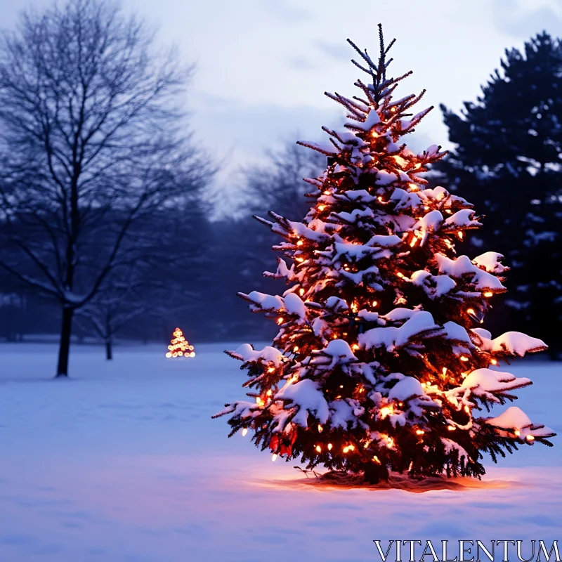 Festive Christmas Tree Lit Up in Snow AI Image