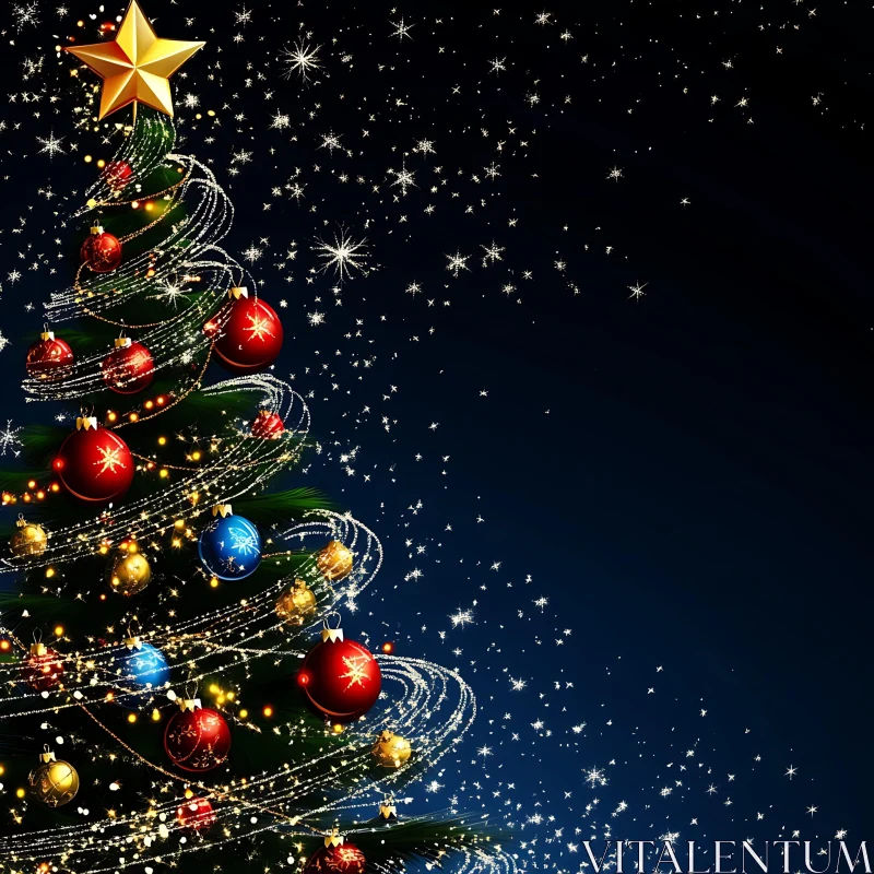 AI ART Festive Christmas Tree with Ornaments and Sparkling Lights