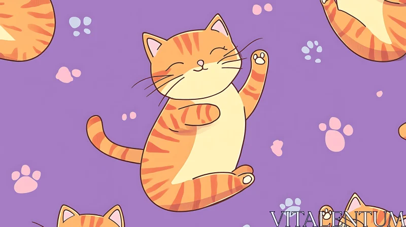 AI ART Happy Cartoon Orange Cat with Pastel Paw Prints