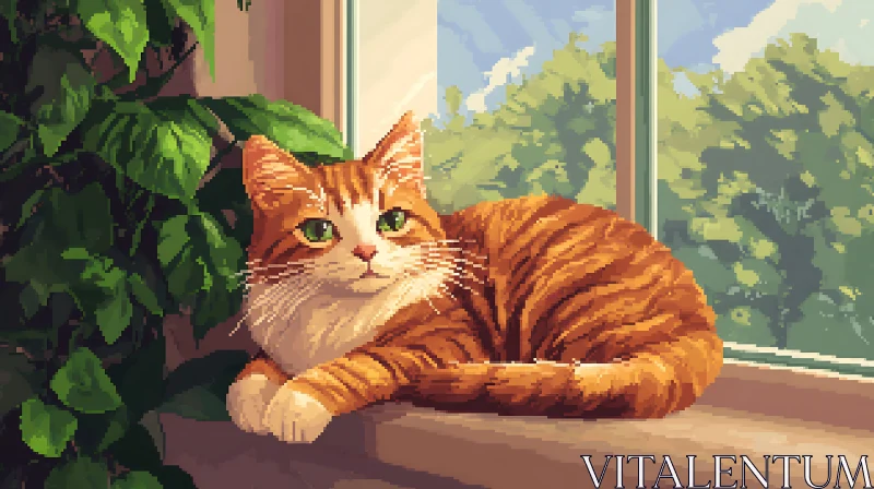 Relaxing Orange Cat on Windowsill AI Image