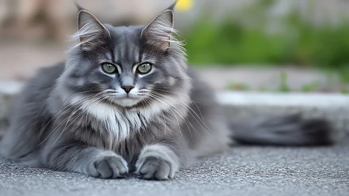 Portrait of a Beautiful Grey Cat with Fluffy Fur and Green Eyes