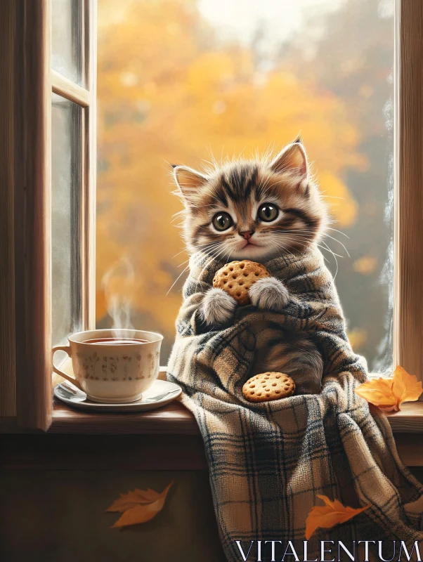 Adorable Kitten with Cookie and Tea by Window in Autumn AI Image