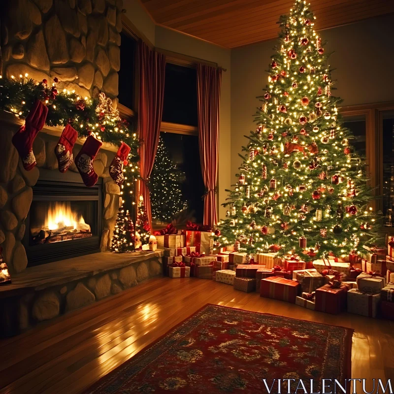 Warm Holiday Scene with Christmas Tree and Gifts AI Image