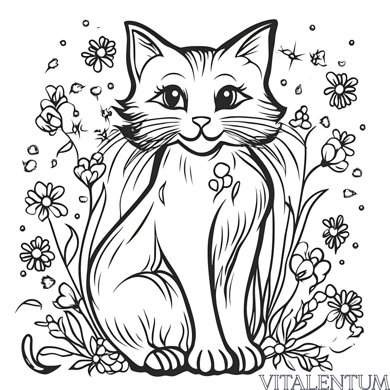 Delightful Black and White Cat Drawing AI Image