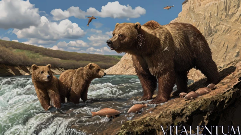 Majestic Brown Bear and Playful Cubs in Serene River Setting AI Image