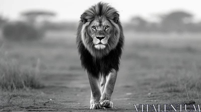 AI ART Majestic Lion Walking Towards the Camera - Black and White Photography