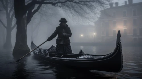 Mysterious Gentleman Riding a Gondola in the Fog