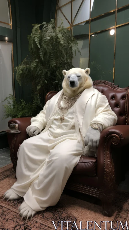 Polar Bear in Hip-Hop Renaissance Attire in Cozy Living Room AI Image