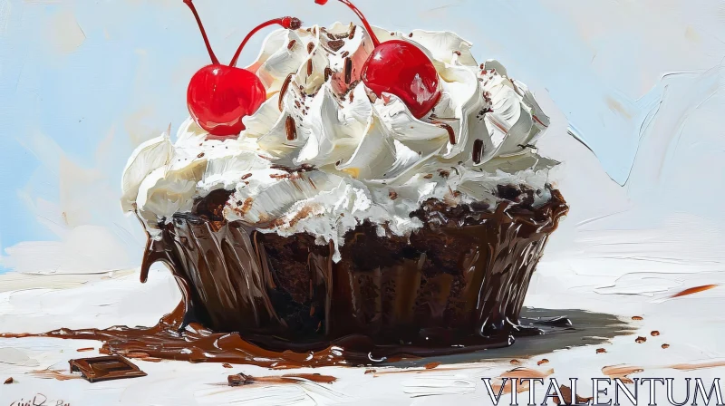 Realistic Painting of a Chocolate Cupcake with Cherries AI Image
