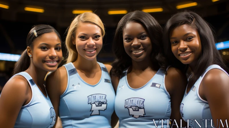 AI ART Smiling Young Women in Blue Sports Bras - Friendship and Diversity