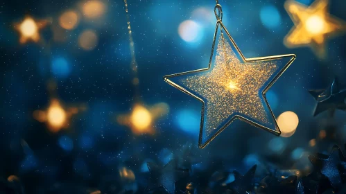 Golden Glittering Star Hanging in Festive Scene