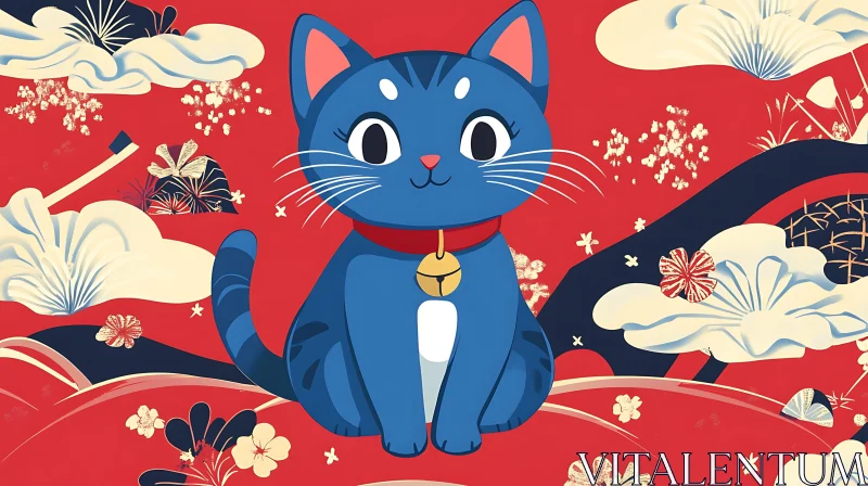 Playful Blue Cat with Floral Design AI Image