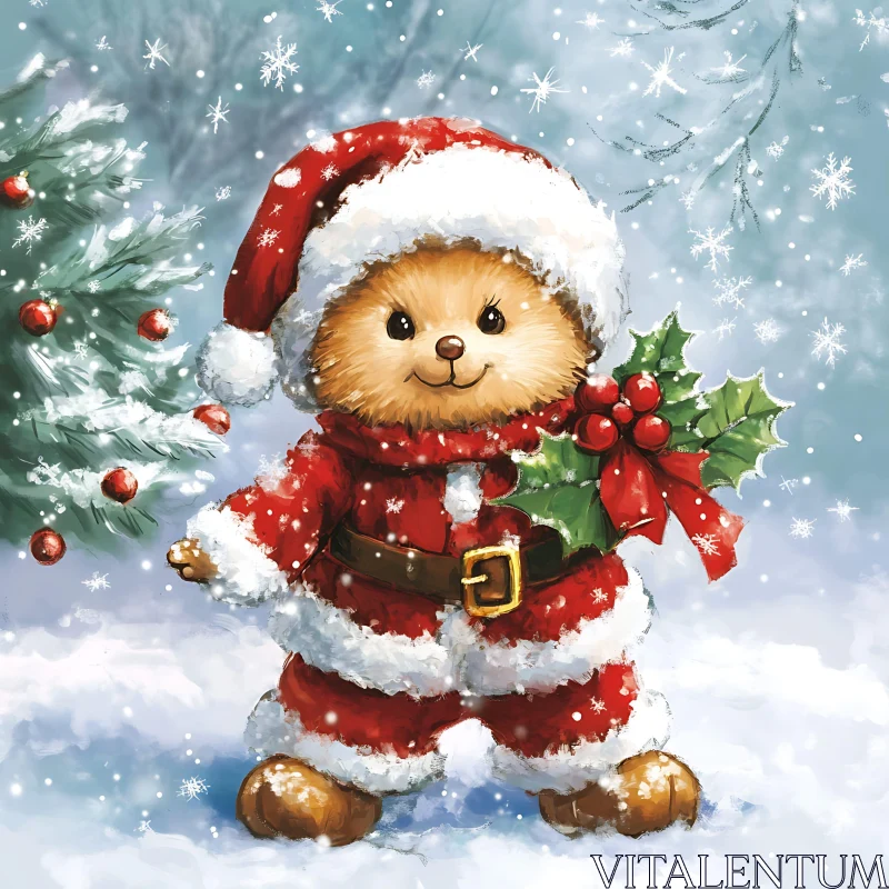 Festive Bear in Santa Costume in Snowy Christmas Setting AI Image