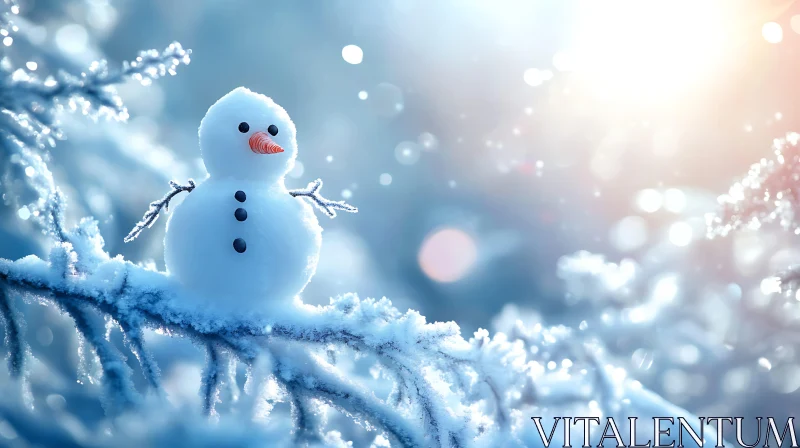 Snowman with Carrot Nose on Icy Branch AI Image