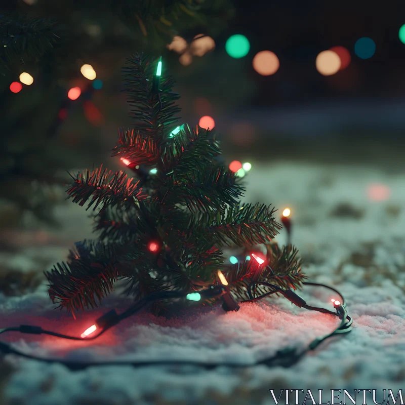 Festive Illuminated Christmas Tree on Snowy Ground AI Image