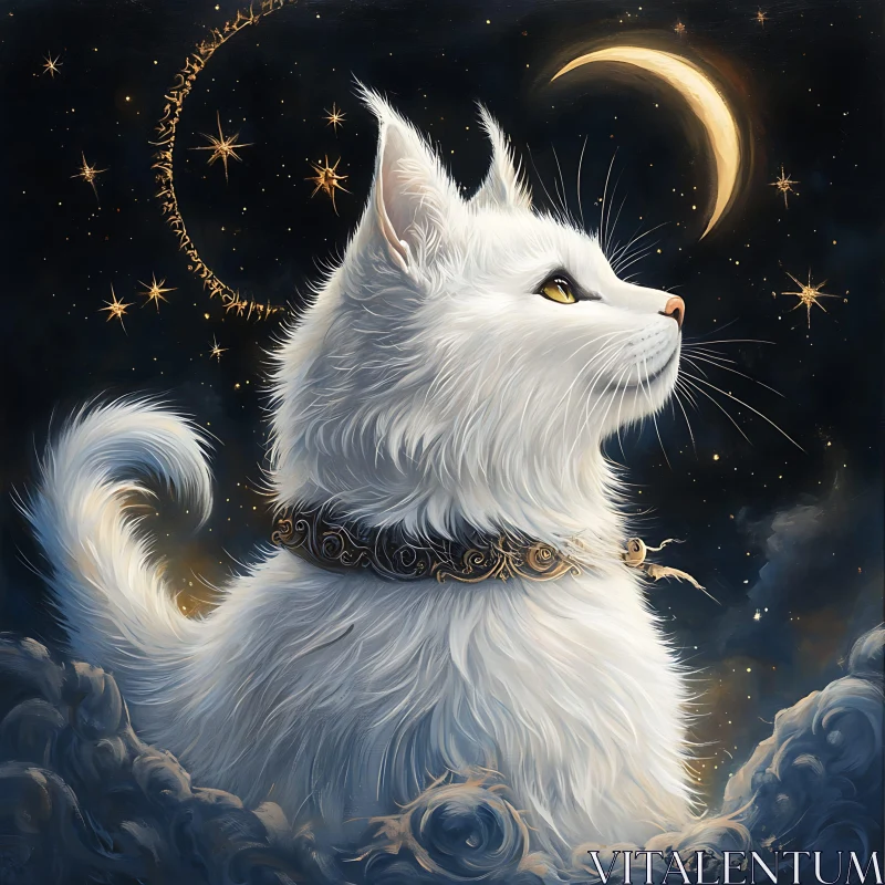 AI ART Ethereal White Cat with Moon and Stars