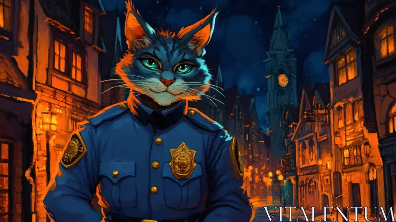 Police Cat Standing in Illuminated Village AI Image