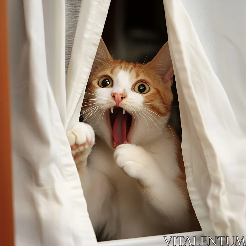 Astonished Cat with Green Eyes Behind Curtains AI Image