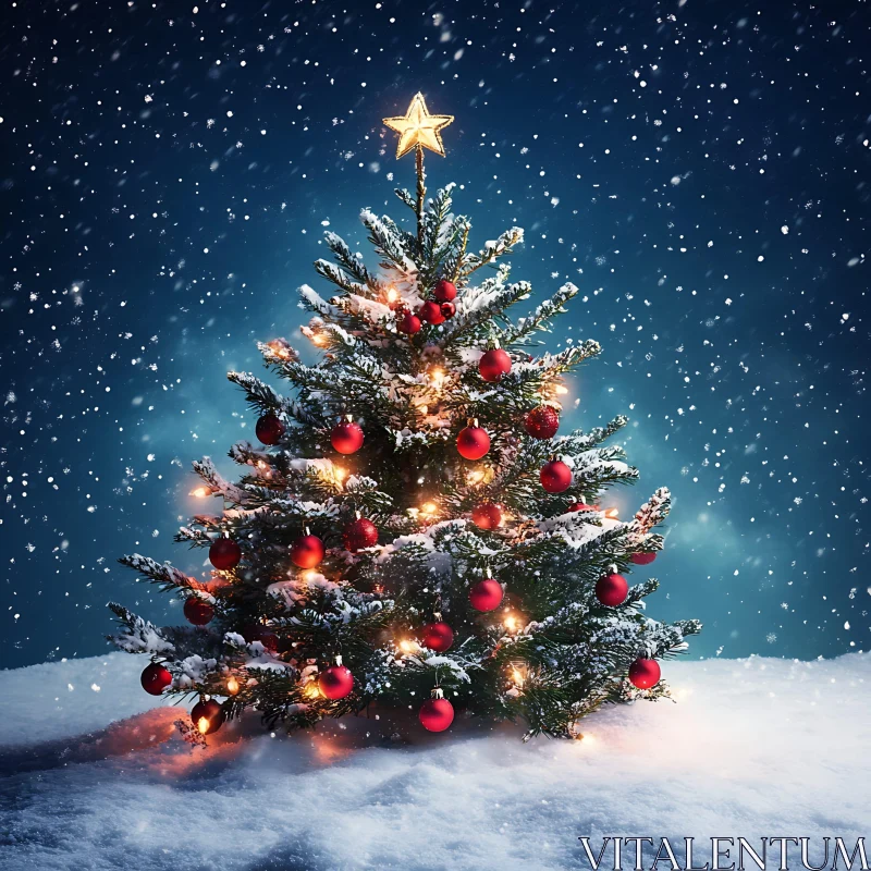 Festive Night: Snow-Covered Christmas Tree AI Image