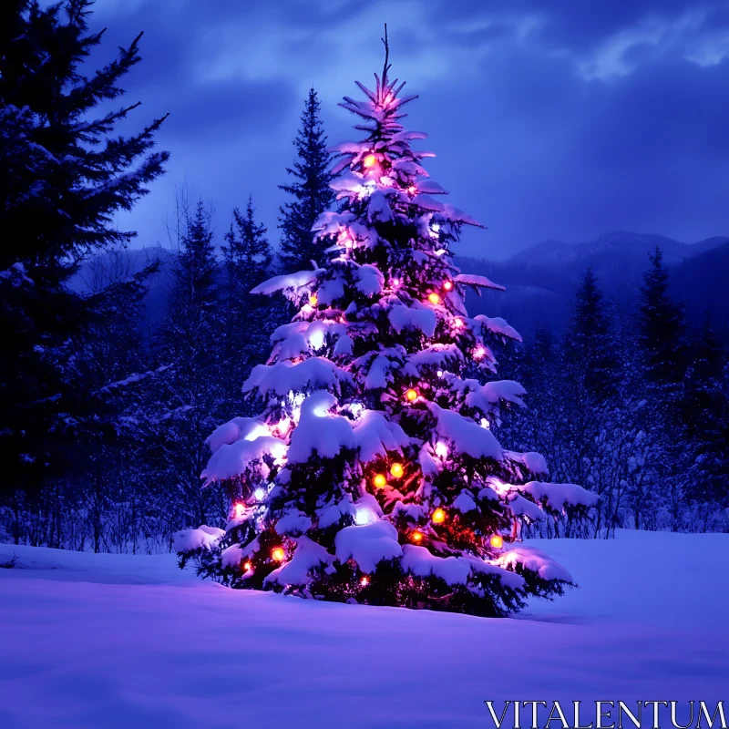 Illuminated Christmas Tree in Snowy Winter Forest AI Image