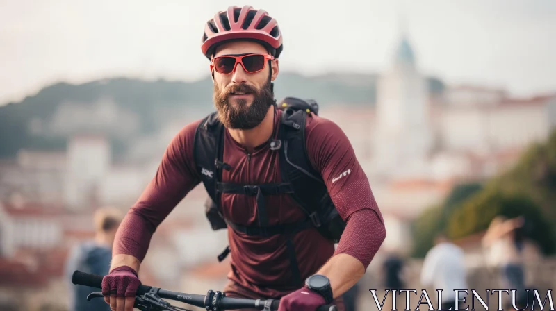 Bearded Man Riding a Bicycle - Artwork in Maroon and Black AI Image