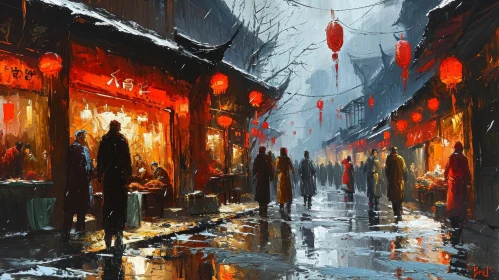 Bustling Street in a Chinese City - Realistic Painting