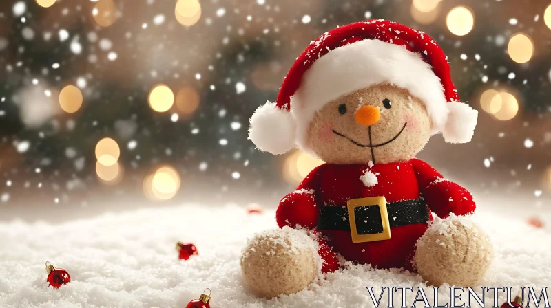 Cute Snowman Wearing Santa Outfit in a Wintry Landscape AI Image