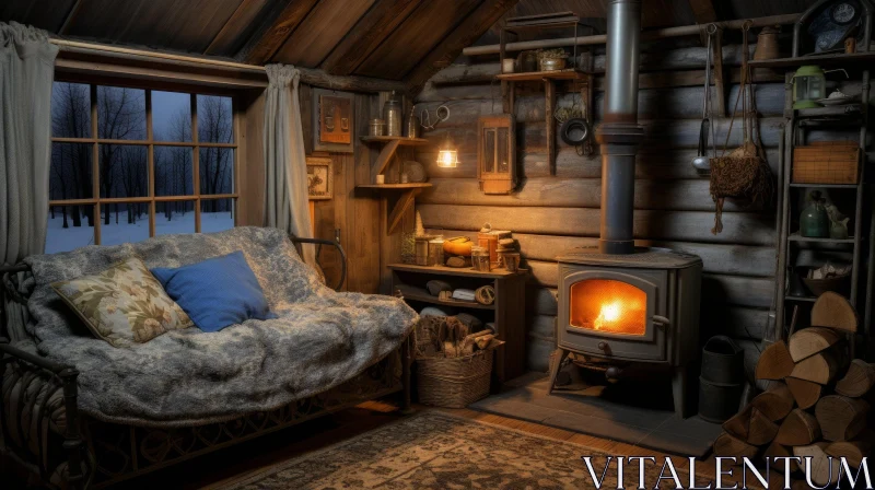 AI ART Cozy Winter Log Cabin with Bed and Stove - Vintage Aesthetics