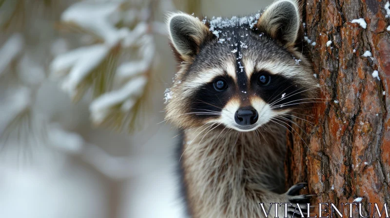 Curious Raccoon Peering from Behind a Snow-covered Tree AI Image